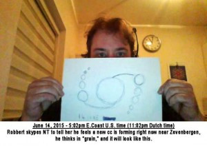 Nancy Talbott June 15th 1 Here’s the image showing Robbert holding up his drawing (and note the clock behind him on the wall, showing clearly it is 11:02pm HIS time (5:02 MY time)